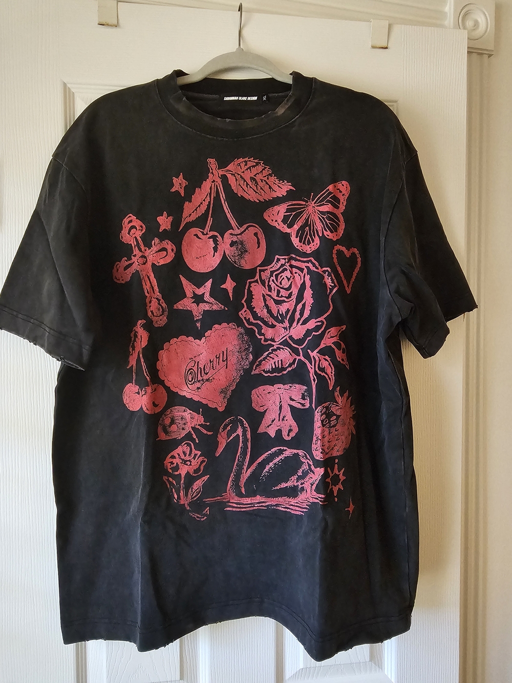 Women's Distressed Heavy Weight Tee "My Fav Things" Black Red By Savannah Clare